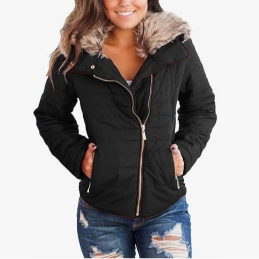Women's Fashion zip-up quilted coat with faux fur collar